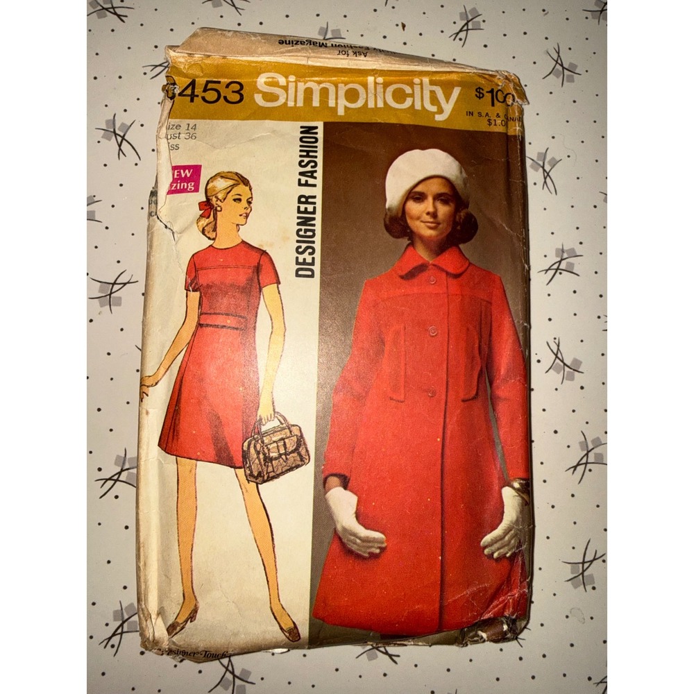 Vintage 1960s Simplicity 8453 Sewing Pattern Misses Coat and Dress Size 14 Bust